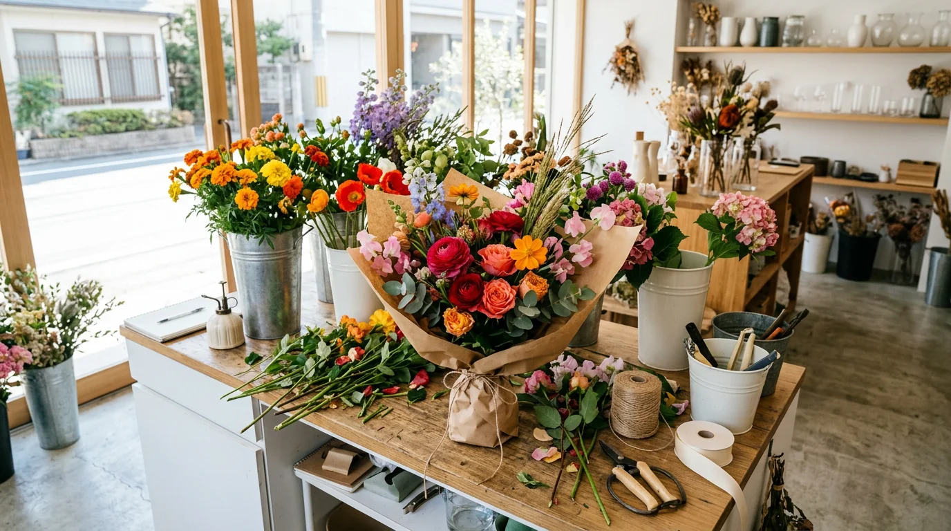 色とりどりの切り花と仕上げ前の花束が並ぶ花店の作業台